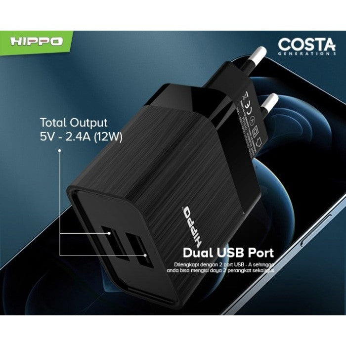Hippo Adaptor Costa 3 2.4A 2 Port SDC USB Adapter Kepala Casan Colokan Charger Charging Rumah Type C Iphone Mi 2