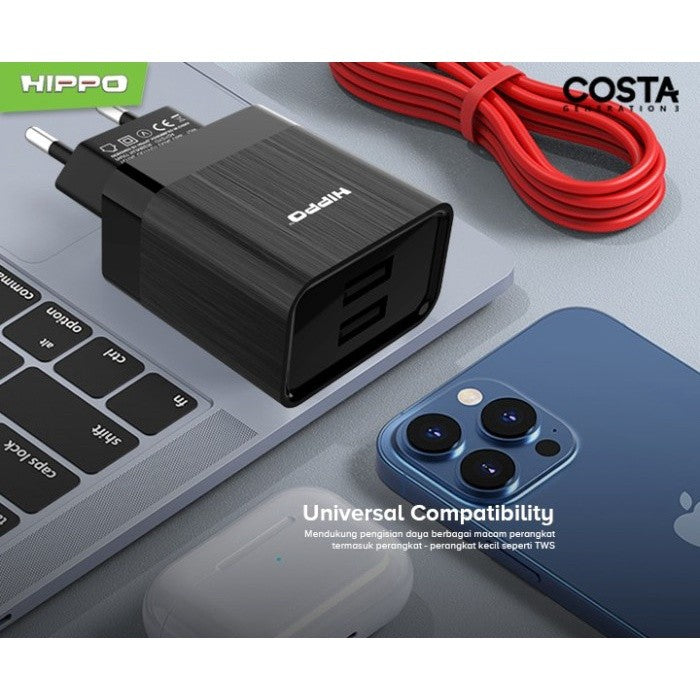 Hippo Adaptor Costa 3 2.4A 2 Port SDC USB Adapter Kepala Casan Colokan Charger Charging Rumah Type C Iphone Mi 5