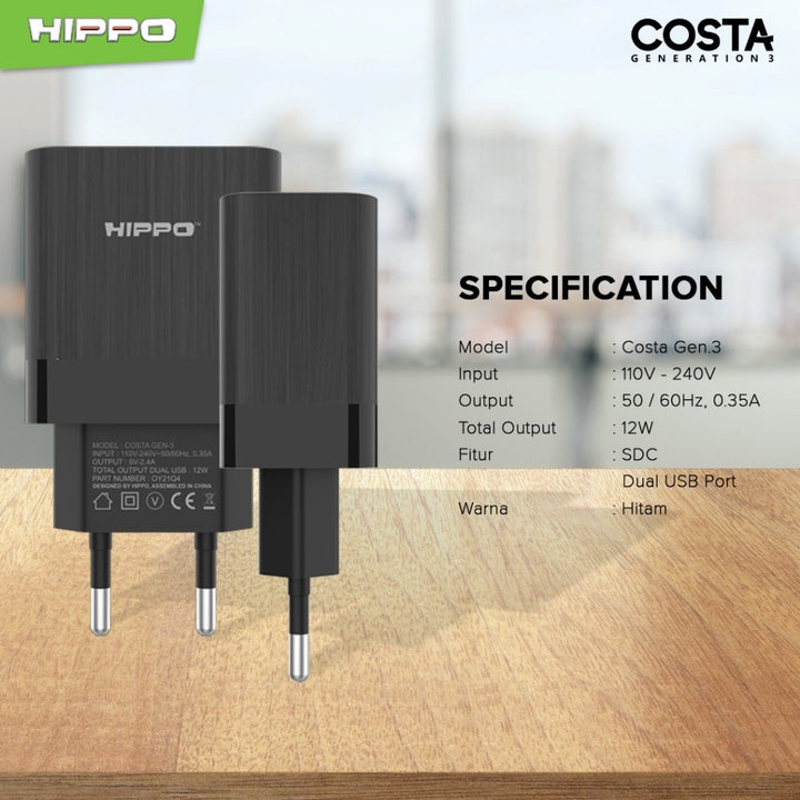 Hippo Adaptor Costa 3 2.4A 2 Port SDC USB Adapter Kepala Casan Colokan Charger Charging Rumah Type C Iphone Mi 9