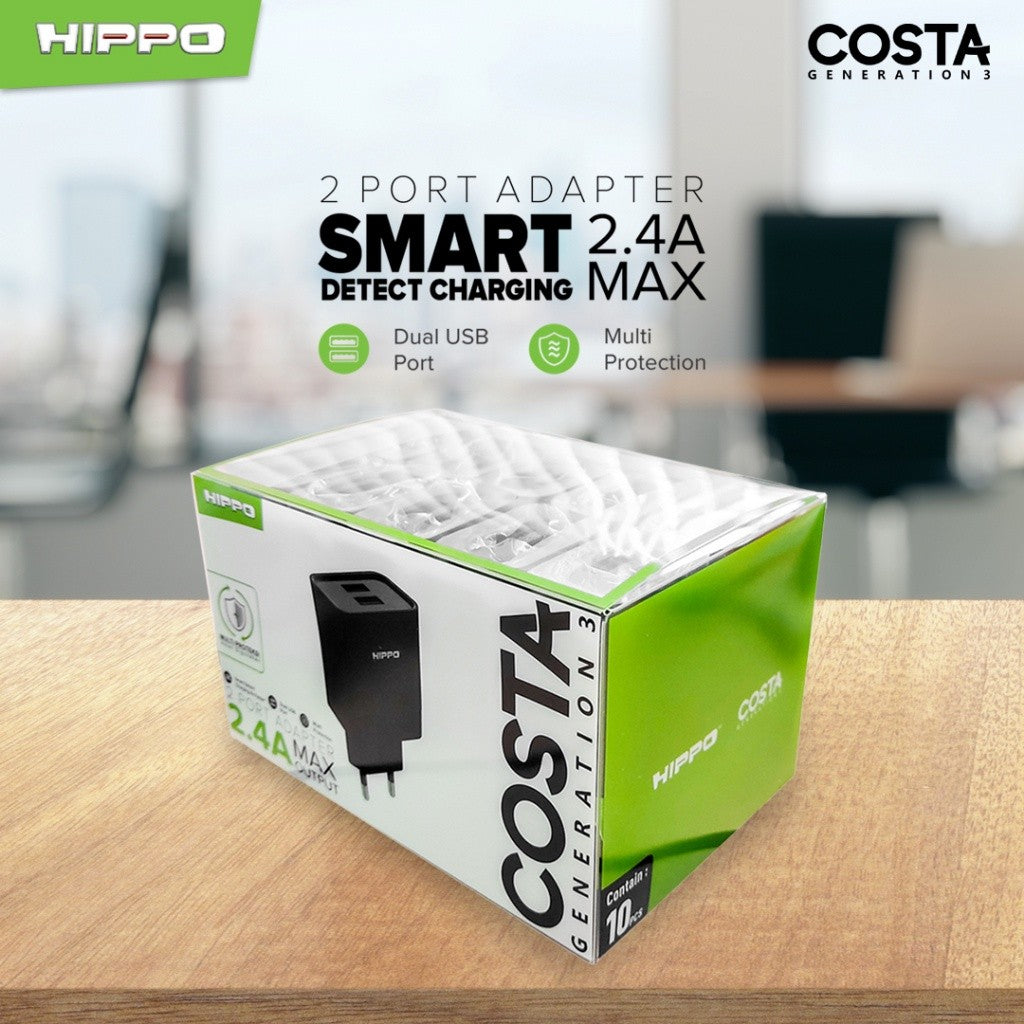 Hippo Adaptor Costa 3 2.4A 2 Port SDC USB Adapter Kepala Casan Colokan Charger Charging Rumah Type C Iphone Mi 8