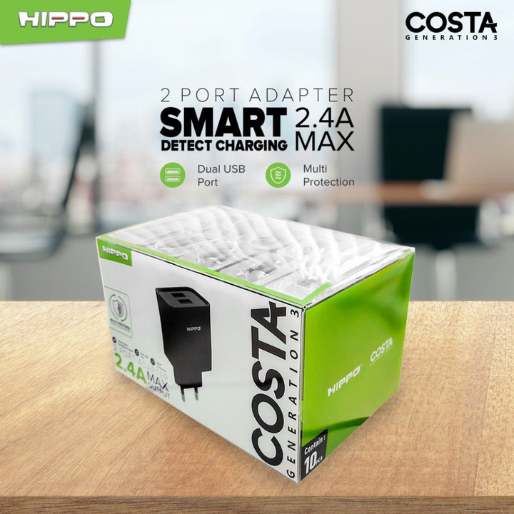 Hippo Adaptor Costa 3 2.4A 2 Port SDC USB Adapter Kepala Casan Colokan Charger Charging Rumah Type C Iphone Mi 8