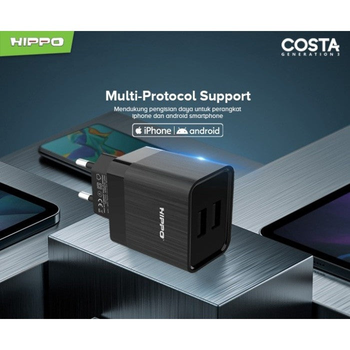 Hippo Adaptor Costa 3 2.4A 2 Port SDC USB Adapter Kepala Casan Colokan Charger Charging Rumah Type C Iphone Mi 3