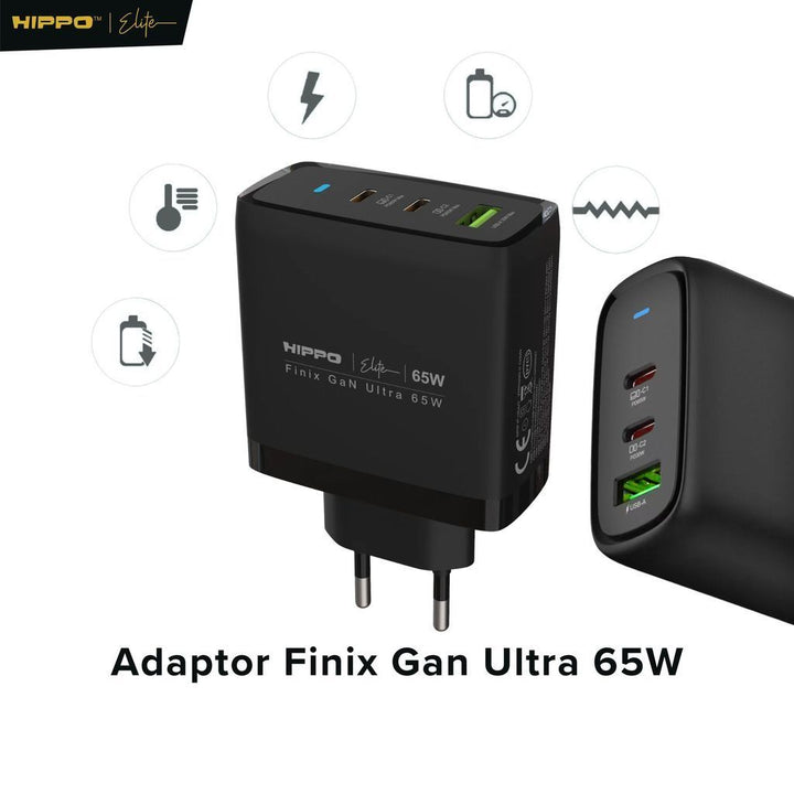 Hippo Adaptor Finix GaN Ultra 65W Original 3 Output 2 Type-C 1 USB-A Support All Phone &amp; Laptop Garansi 12 Bulan
