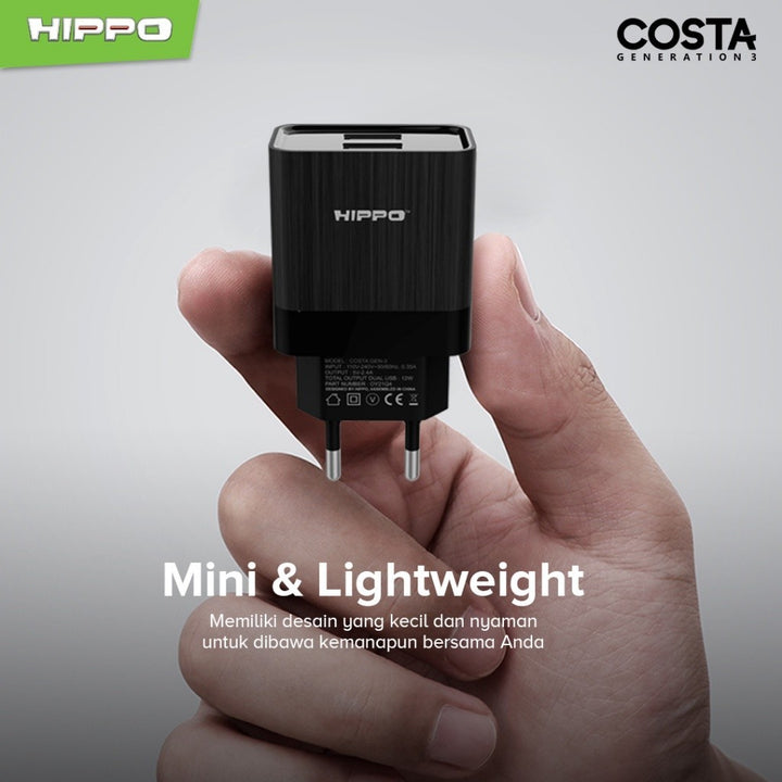 Hippo Adaptor Costa 3 2.4A 2 Port SDC USB Adapter Kepala Casan Colokan Charger Charging Rumah Type C Iphone Mi 7