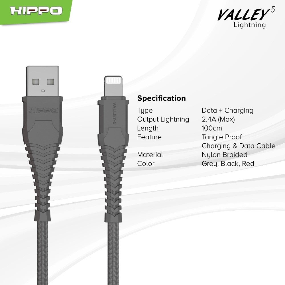 Kabel Data Hippo Valley 5 Lightning USB 2,4 A 100CM Quick Fast Charging Cable 4
