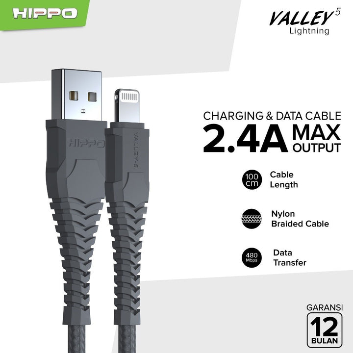 Kabel Data Hippo Valley 5 Lightning USB 2,4 A 100CM Quick Fast Charging Cable 2