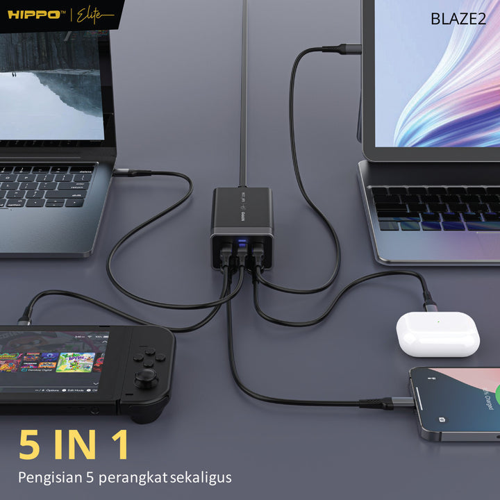 Hippo Elite Blaze 2 125W Adaptor Charger 5 port Support Laptop Bundle Kabel Braided 2