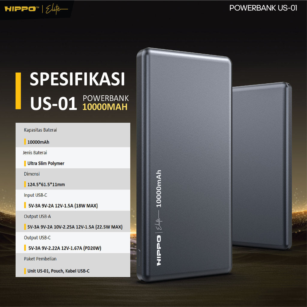 Hippo Elite PowerBank Ultra Slim US-01 10000 Mah 2 Port Output 1 Port Input Custom Laser Nama / Engraving 1 Si 9