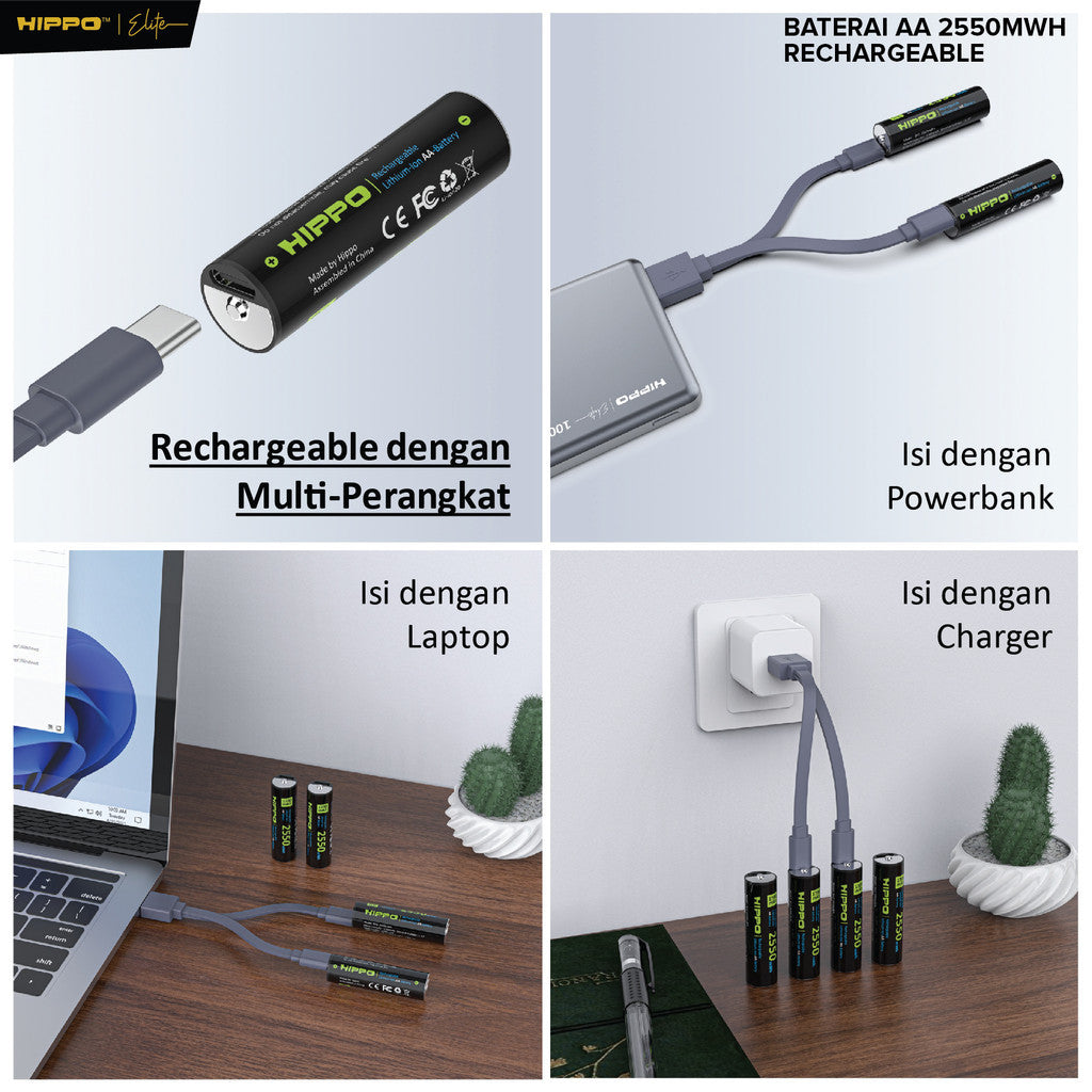 Hippo BA2 Baterai Cas isi Ulang AA 1.5V 1700 Mah Type-C USB Rechargeable Lithium Battery Charge 4