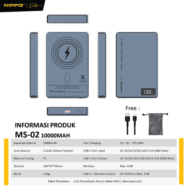 Hippo Powerbank MS-02 Wireless Magsafe Ultra Thin Fast Charging 15W PD 20W 8