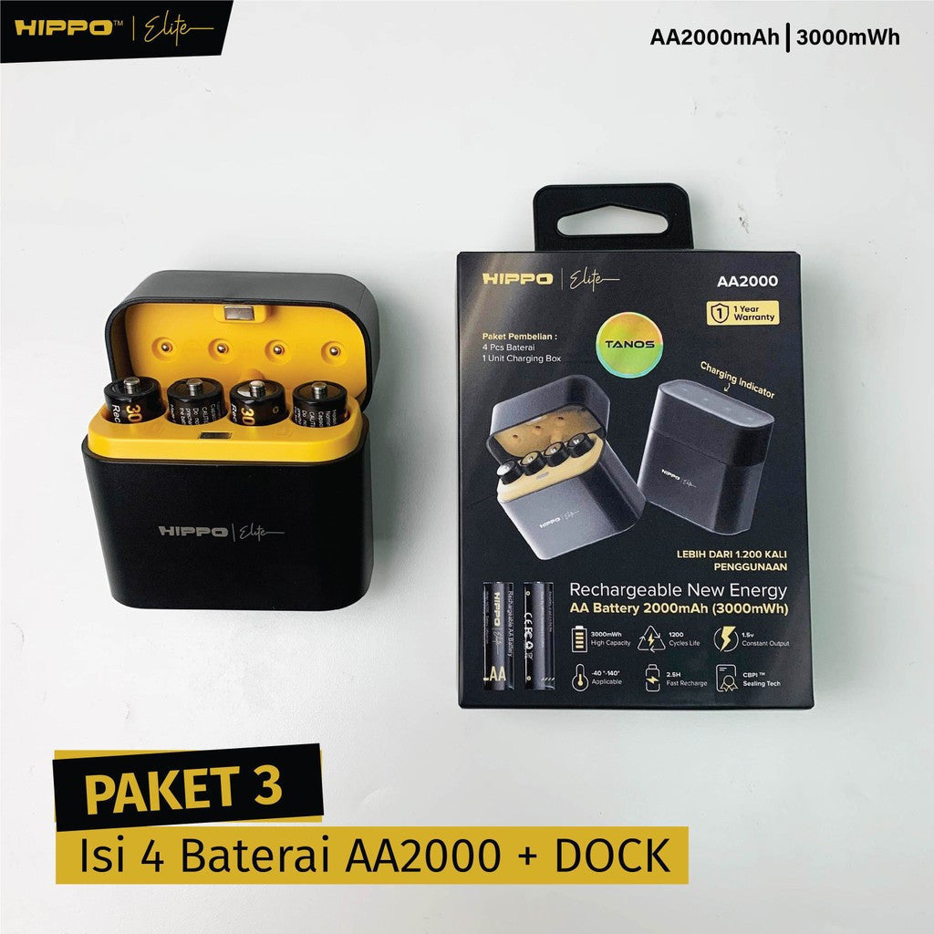 Hippo TANOS Baterai AA 1.5V 2000mAh Li-Ion Rechargeable Fast Charging 2.5 Jam Garansi Resmi 1 Tahun