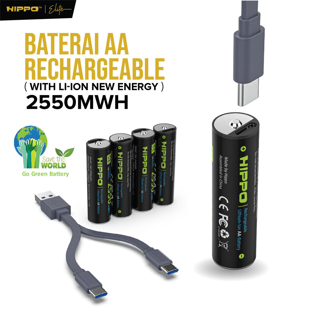 Hippo BA2 Baterai Cas isi Ulang AA 1.5V 1700 Mah Type-C USB Rechargeable Lithium Battery Charge