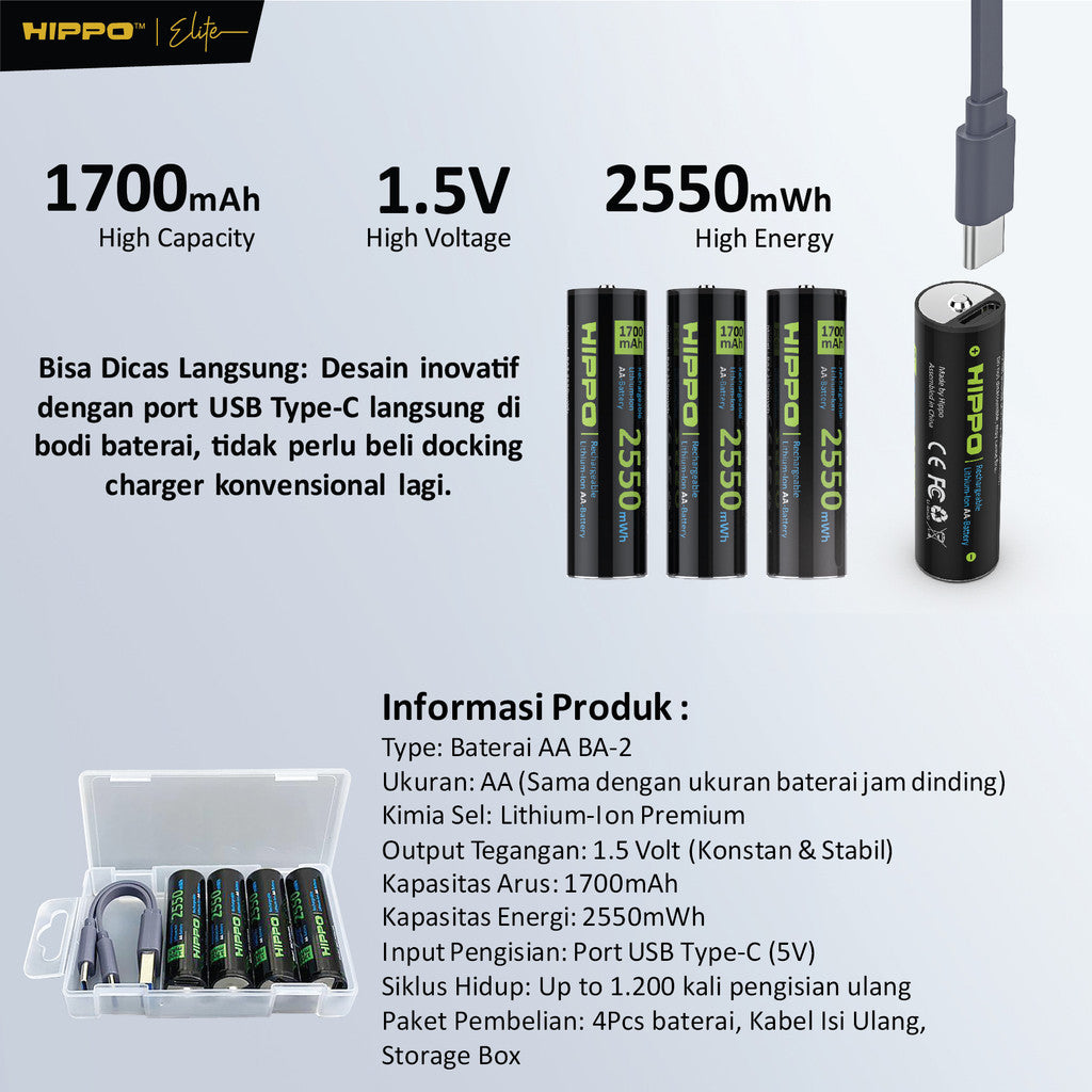 Hippo BA2 Baterai Cas isi Ulang AA 1.5V 1700 Mah Type-C USB Rechargeable Lithium Battery Charge 9