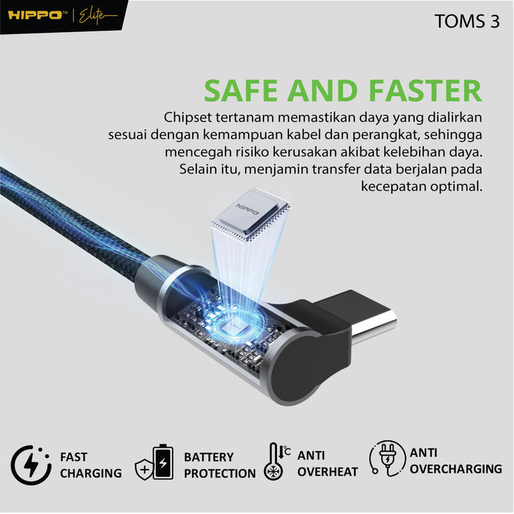 Hippo Kabel Data Toms 3 120CM TYPE C , LIGHTNING, C to C , C to L 3A Quick Charge 3.0 dan 2,4 Fast Charging An 2