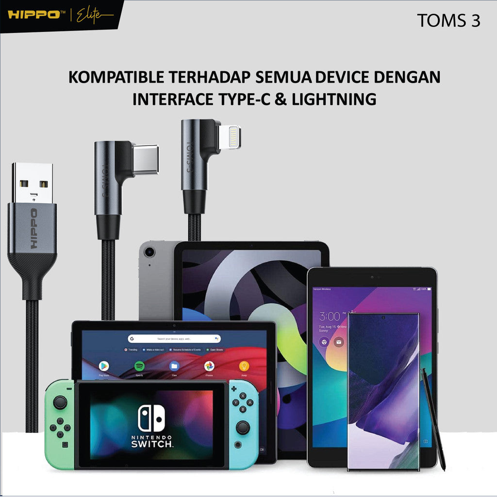 Hippo Kabel Data Toms 3 120CM TYPE C , LIGHTNING, C to C , C to L 3A Quick Charge 3.0 dan 2,4 Fast Charging An 8