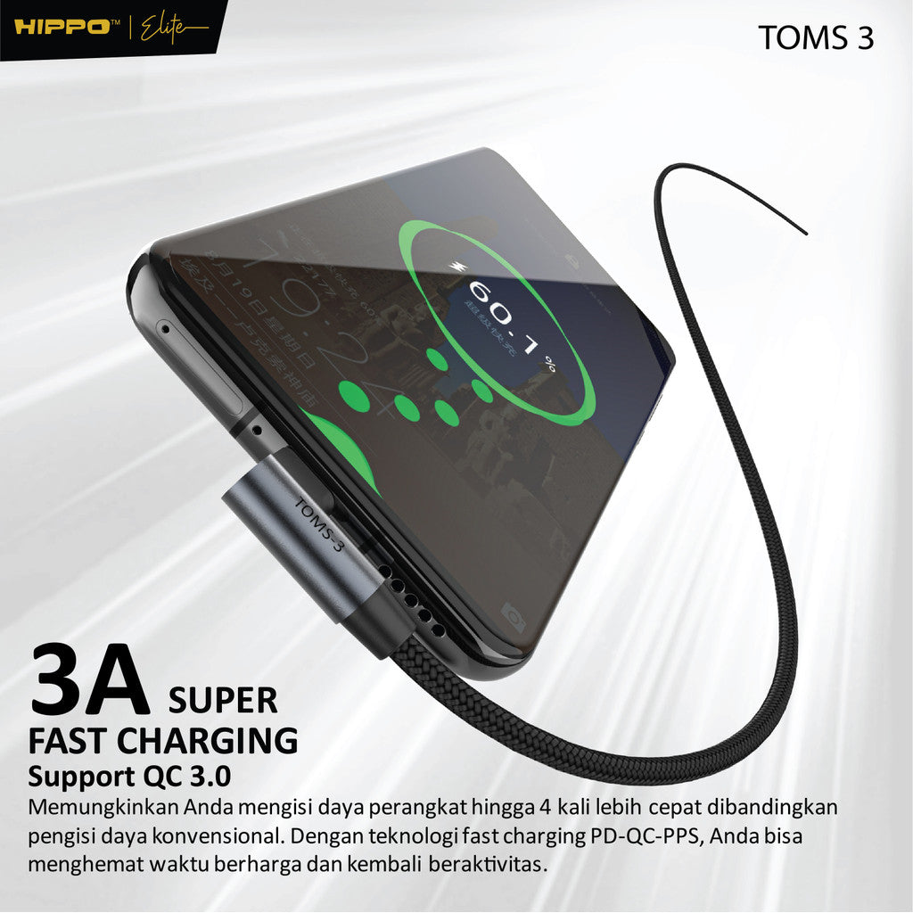 Hippo Kabel Data Toms 3 120CM TYPE C , LIGHTNING, C to C , C to L 3A Quick Charge 3.0 dan 2,4 Fast Charging An 3