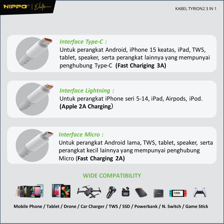 Hippo Tyrion 2 3in1 3A Fast Charging Kabel Data 3