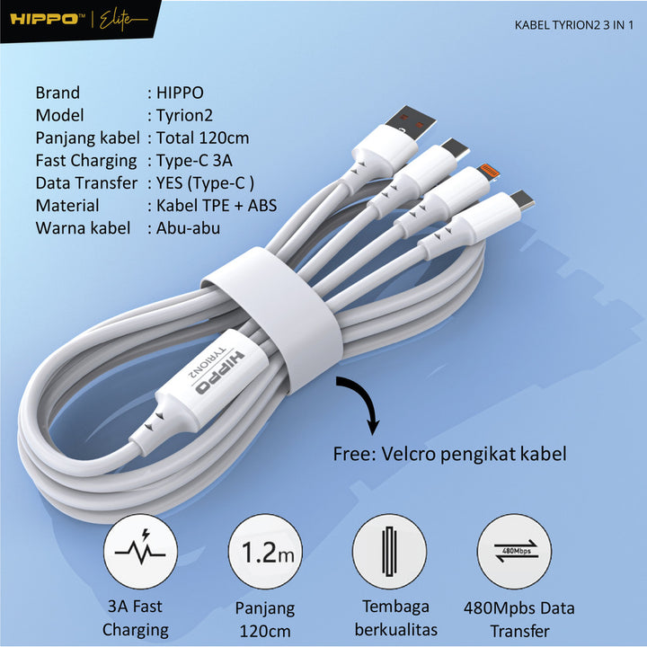Hippo Tyrion 2 3in1 3A Fast Charging Kabel Data 6