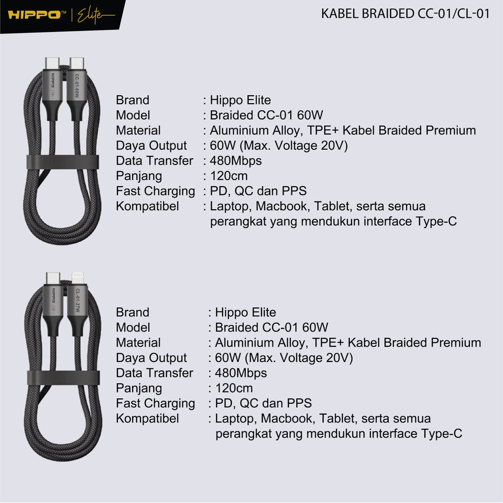 Hippo Elite Kabel BRAIDED PD 60W fast charging 120cm 8