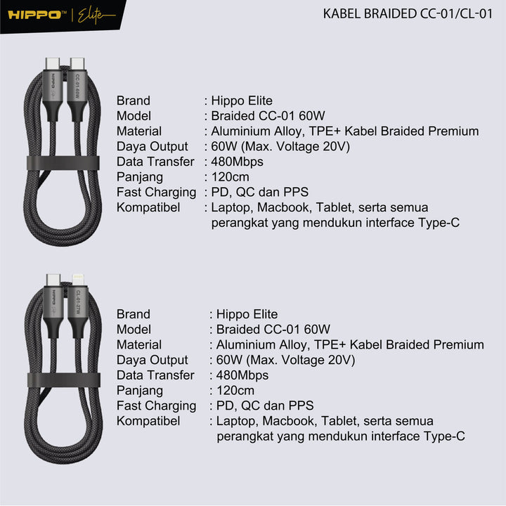 Hippo Elite Kabel BRAIDED PD 60W fast charging 120cm 8