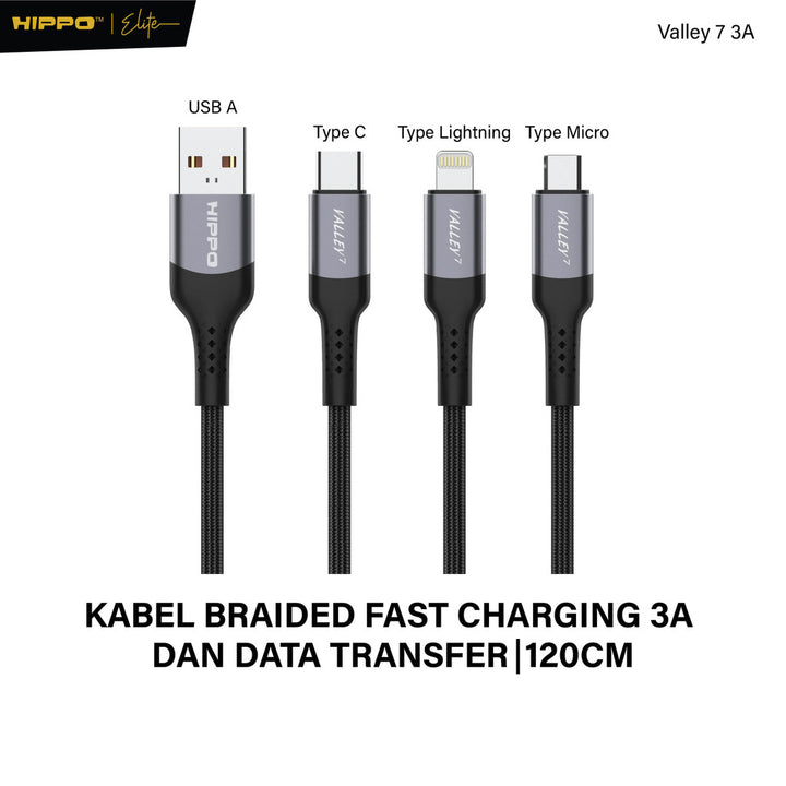 Hippo Kabel Data Valley 7 120CM 3A Fast Charging | Micro | Type-C | Lightning | C To C | C To L | Data Transfe 2