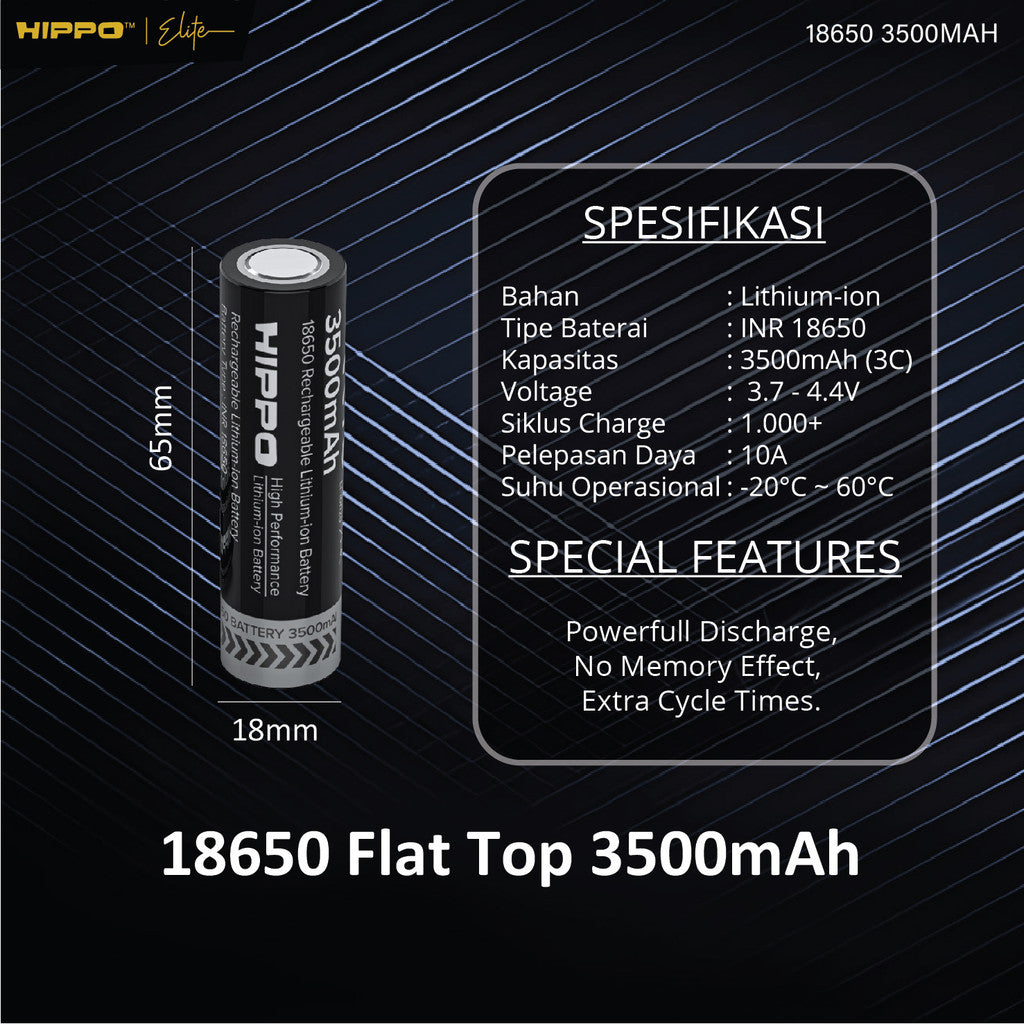 Hippo Baterai Cas 18650 Flat Top  3500 Mah Garansi Resmi Hippo 3