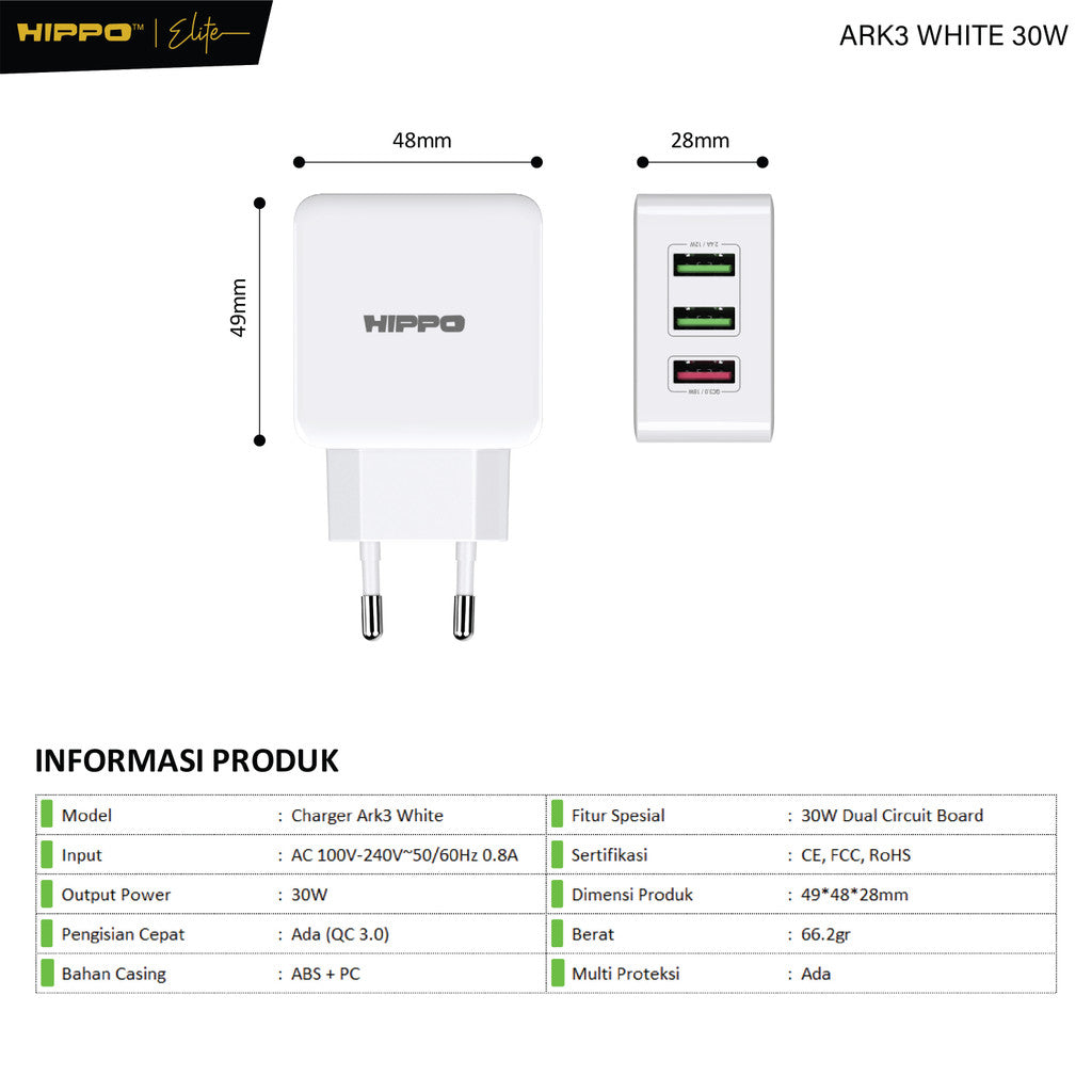 Hippo Adaptor ARK 3 30W Quick Fast Charging 3.0 Travel Adapter Kepala Casan Colokan Charger Rumah type C QC 3  9