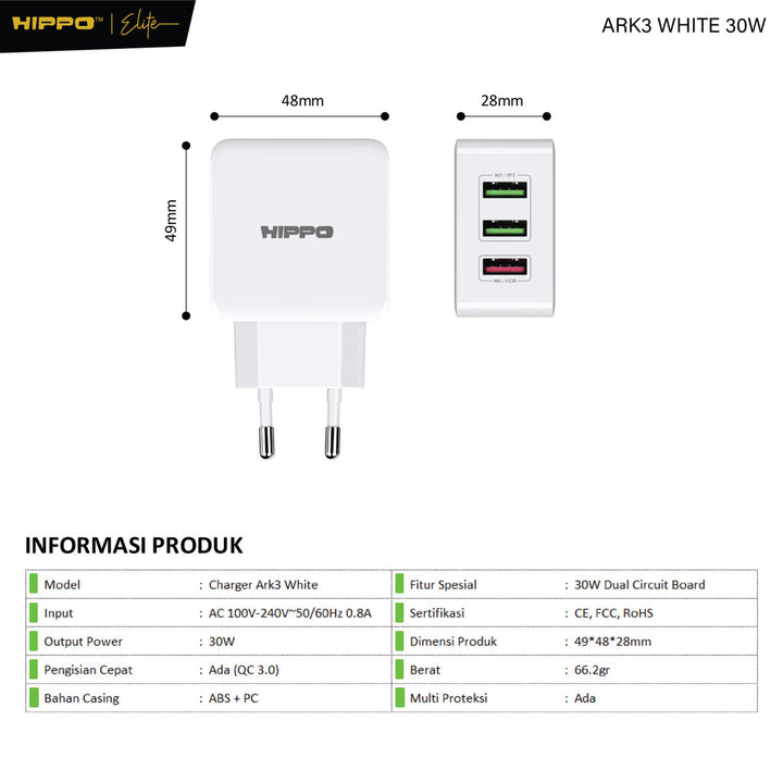 Hippo Adaptor ARK 3 30W Quick Fast Charging 3.0 Travel Adapter Kepala Casan Colokan Charger Rumah type C QC 3  9