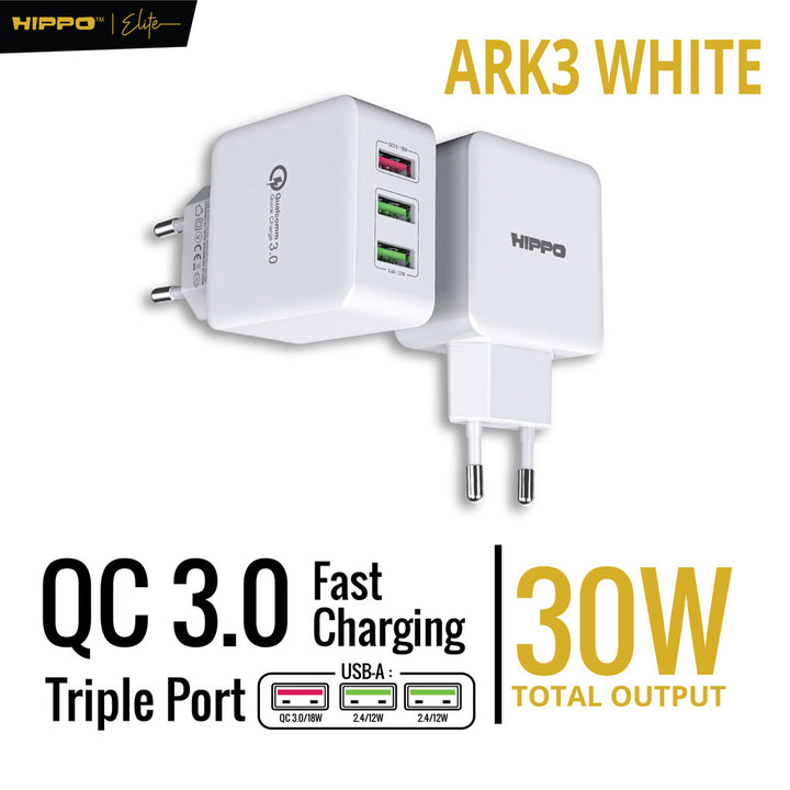 Hippo Adaptor ARK 3 30W Quick Fast Charging 3.0 Travel Adapter Kepala Casan Colokan Charger Rumah type C QC 3 Port Outpu