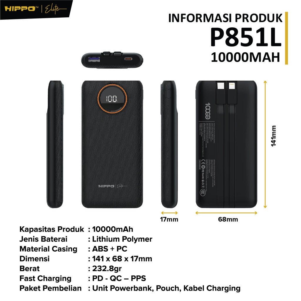 Hippo Elite Sertifikasi CCC P851L PD 22.5W Fast Charging 10.000 Mah 9