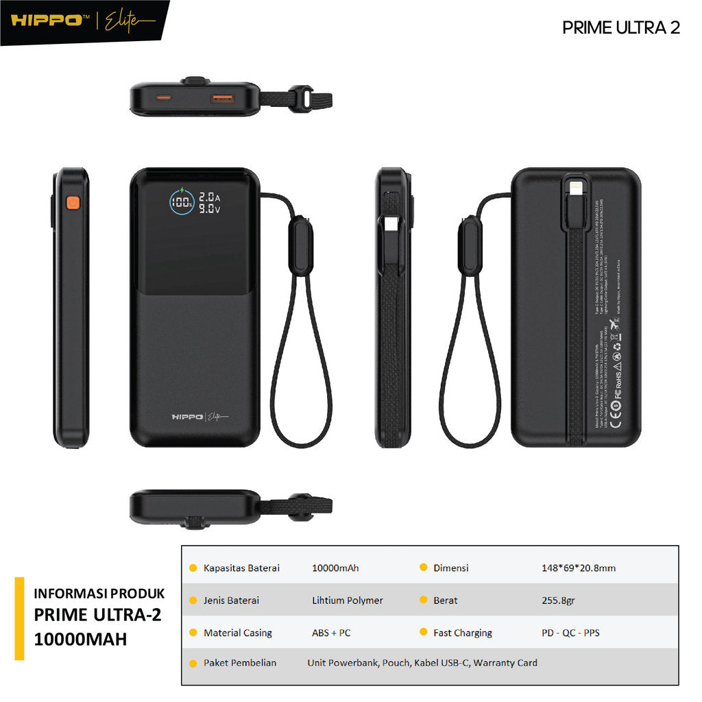 Hippo Elite PowerBank Prime Ultra2 10000 Mah 4 Port Output 1 Port Input 9